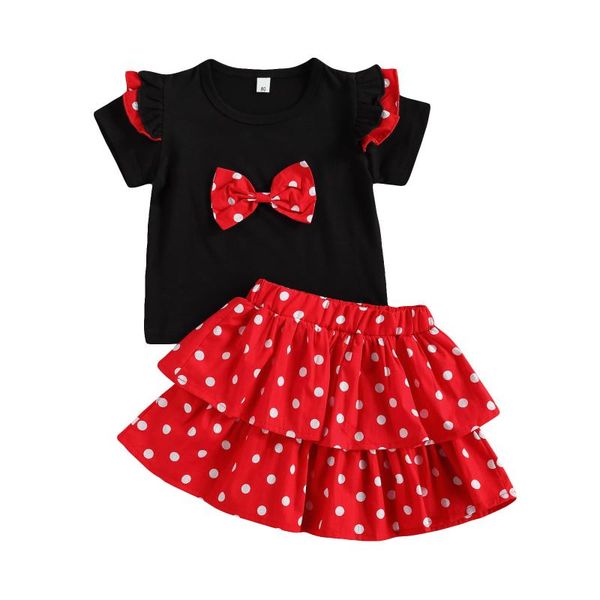 

pieces kids suit set polka dots print round neck short sleeve t-shirt+ high waist skirt for girls clothing sets, White
