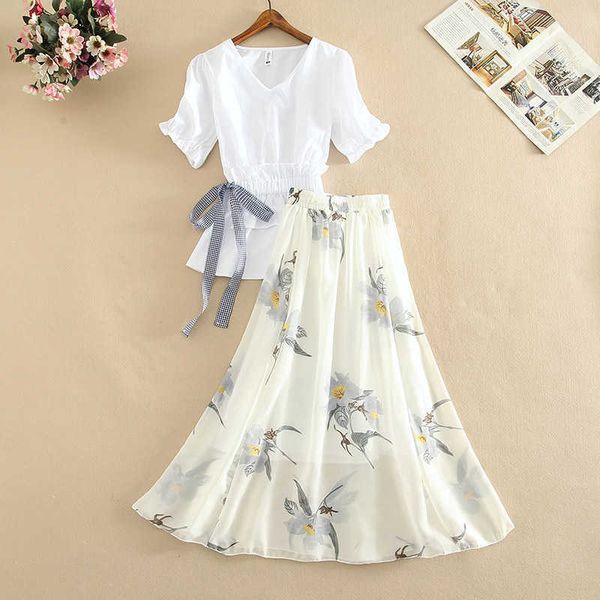 

short summer sleeve white v-neck t-shirt printed high waist skirt fashion slim two piece drs, Black;gray