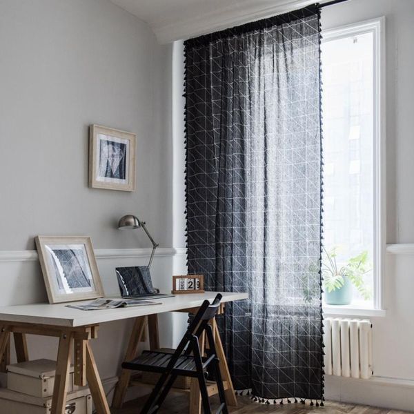 

black geometric curtain with tassel cotton linen blackout home living room woven bay window cover hooks rod pocket & drapes