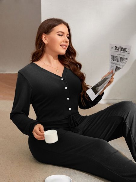 

plus half button knot sleep jumpsuit s4gi#, Black;white