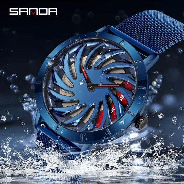 

wristwatches sanda men's watches fashion car wheel rotating dial watch waterproof quartz wrist relogio masculino p1056, Slivery;brown