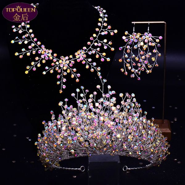 Luxus Tiara Halskette Ohrringe Set Königin Barock Kristall Braut Kopfbedeckung Krone Strass mit Hochzeitsschmuck Haarschmuck Diamant Brautkronen Kopfschmuck