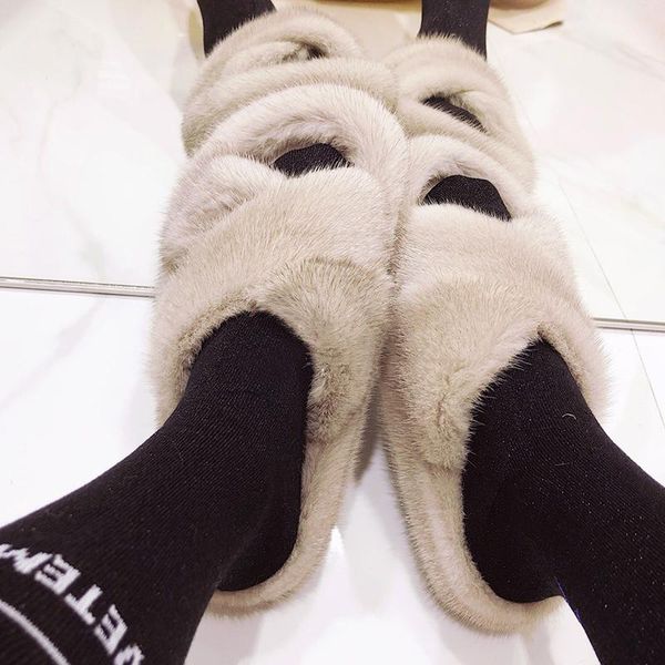

slippers summer women fur slides ladies real mink slide outside holiday, Black