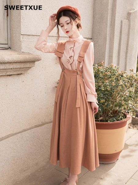 

two piece dress sweetxue vintage british style 2 set high waist strap printed bow shirt autumn and winter suit women's clothing, White