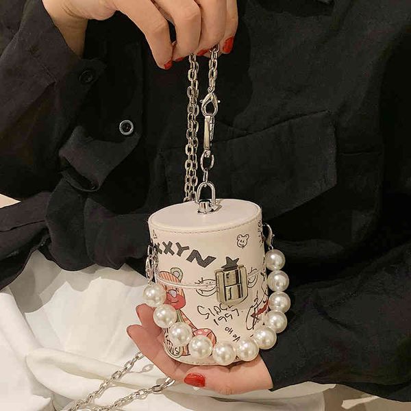 

bags handbags pu xiaoxiangfeng pearl portable mini 2021 fashion printed cute bear cartoon one shoulder cylinder, Black;red