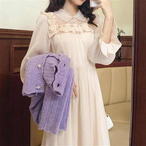 Fairy Vintage Momen Women French Evening Party Elegante Ruffles feminino de manga comprida Retro Retro Coreano 2021 Autumn Casual Dresses