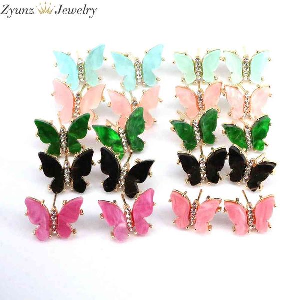 

10 pairs, resin stud woman butterfly earrings colorful piercing charm pendientes mujer moda 2021 trend jewelry, Golden