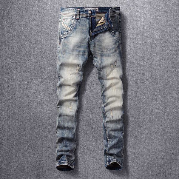 

italian style fashion men jeans retro blue slim ripped denim cotton long trousers classical vintage designer pants sn5f