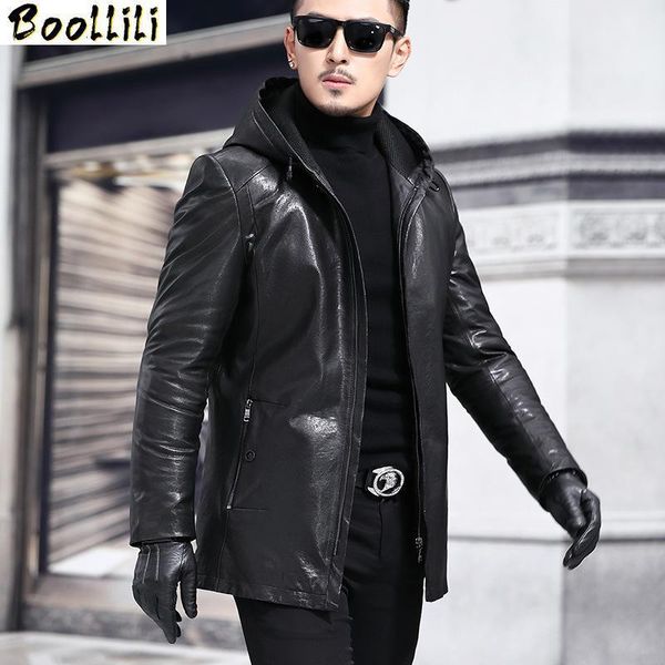 

men's leather & faux boollili 2021 genuine jacket hooded vintage 100% sheepskin coat autumn winter real jackets, Black