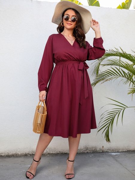 

plus surplice neck lantern sleeve belted dress i9ny#, Black