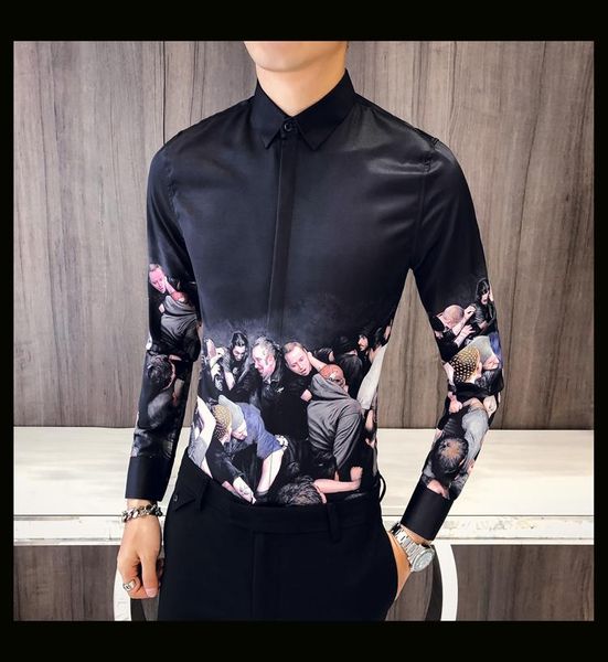 

spring man restore ancient printing long sleeve kemeja pria korean slim fit camisa masculina luxury social men shirt men's dress shirts, White;black