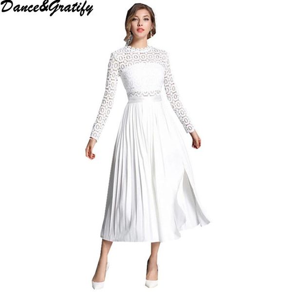 

casual dresses bohemian holiday embroidery lace patchwork runway dress 2021 autumn ladies white beach party pleated, Black;gray