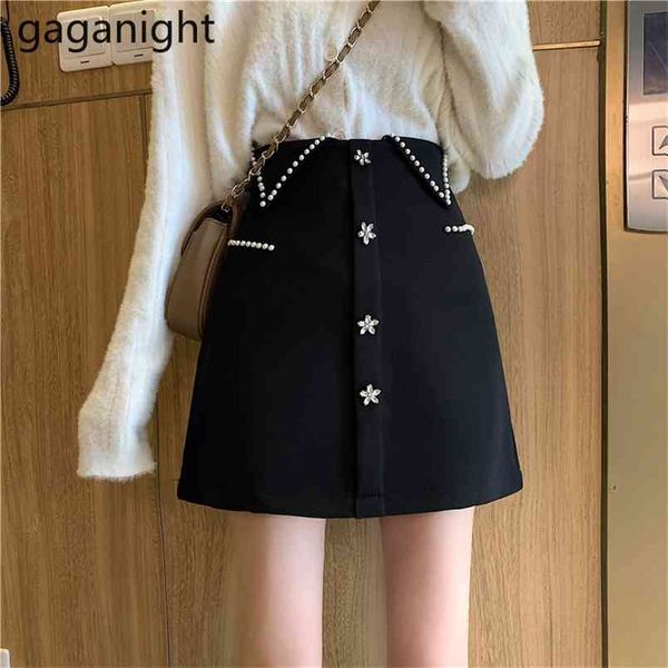 

black solid women skirt spring summer a-line mini skirts casual womens beading high waist wrap hip short s m l 210601