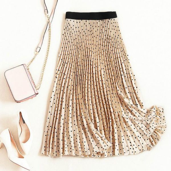 

vintage polka dot summer womens skirt high waist polyester casual office party black beige a line elastic pleated midi