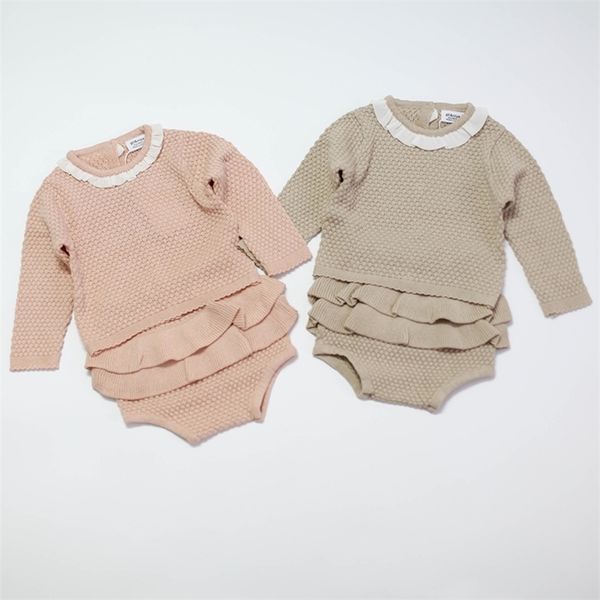 

spring autumn infant baby boys girls knit long sleeve pure color + pants clothing sets kids boy girl suit clothes 210521, White
