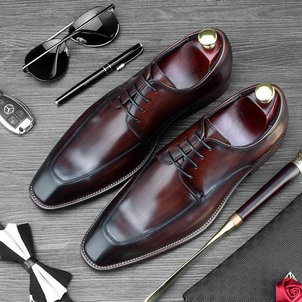 

genuine leather shoes men autumn british square head cowhide oxfords handmade business dress, Black