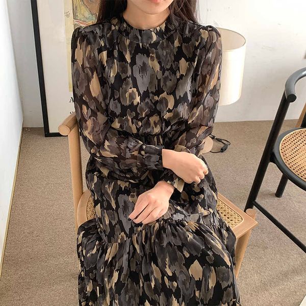 

spring retro o neck slim high waist ink flower print design full chiffon dresses for women 210615, Black;gray