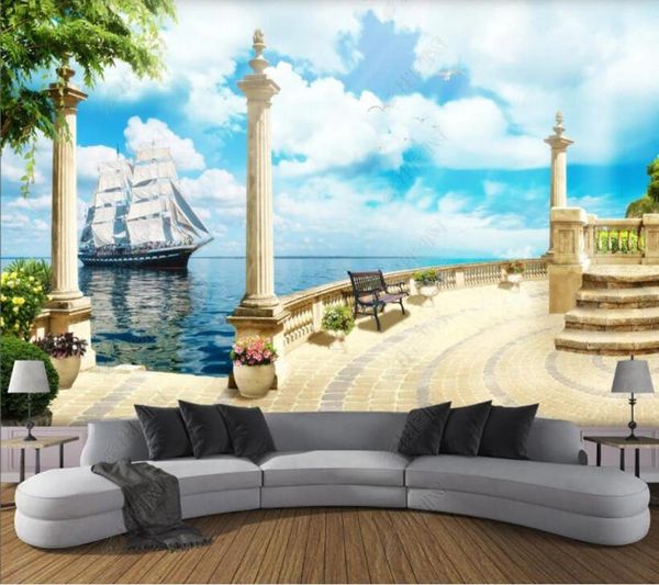 

wallpapers papel de parede roman column balcony sailing sea view background wall 3d wallpaper,bedroom ktv bar mural decor