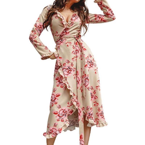

casual dresses ruffles elegant irregular dress women floral printed v neck long sleeve ladies 2021 autumn party plus size vestidos, Black;gray
