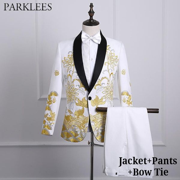 

men's suits & blazers gold embroidery dress suit men slim fit shawl lapel mens white with pants stage prom wedding grooms singer costum, White;black