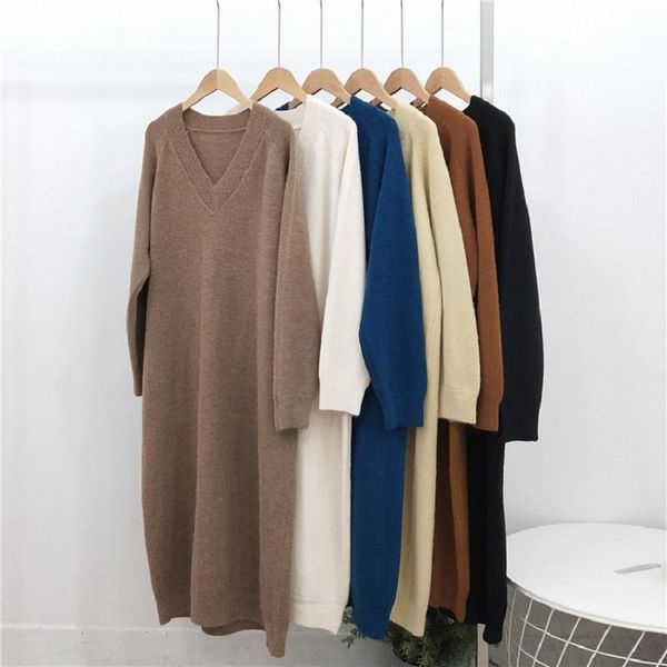 

women's sweaters winter sweater dress 2021 autumn midi long woolen solid color v-neck pullover soft knitted elegant women jumper, White;black