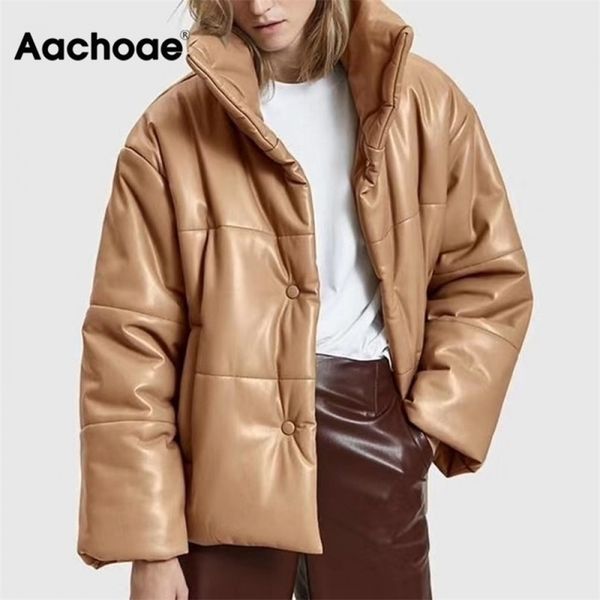

women pu leather parkas fashion high street solid faxu leather coats elegant winter thick cotton jackets loose outerwear 210819, Black