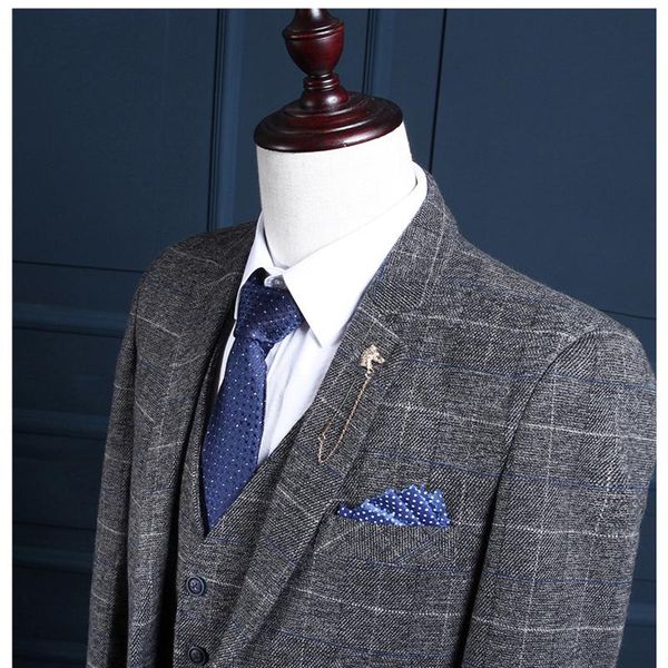 

loldeal gray plaid wool suit men slim fit business formal suits for wedding 2021gentleman tailor made (blazer+vest+pants) men's & blaze, White;black