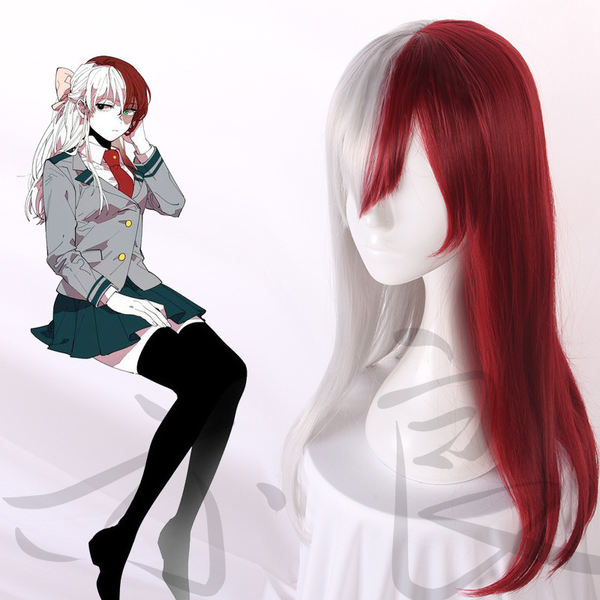 Accessori per costumi Anime My Hero Academia Todoroki Shoto Parrucca lunga Donna Cosplay Capelli rossi e bianchi Costume Boku No Accessori per feste di Halloween