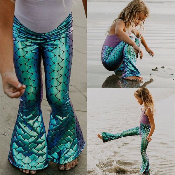 

trousers novelty kids girls skinning mermaid leggings bell-bottom pants fashion elastic waist long flared girl clothes 2-7y r50c, Blue