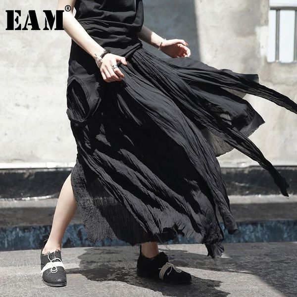 

skirts [eam] high elastic waist black irregular pleated vent long half-body skirt women fashion tide spring summer 2021 jl449
