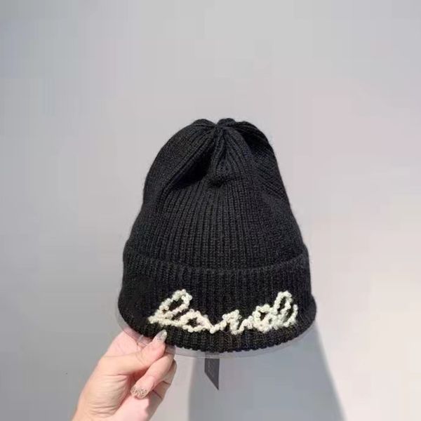 

hat high version letter embroidery knitted net red same wool thickened warm pearl inlaid cold in autumn and winter, Blue;gray