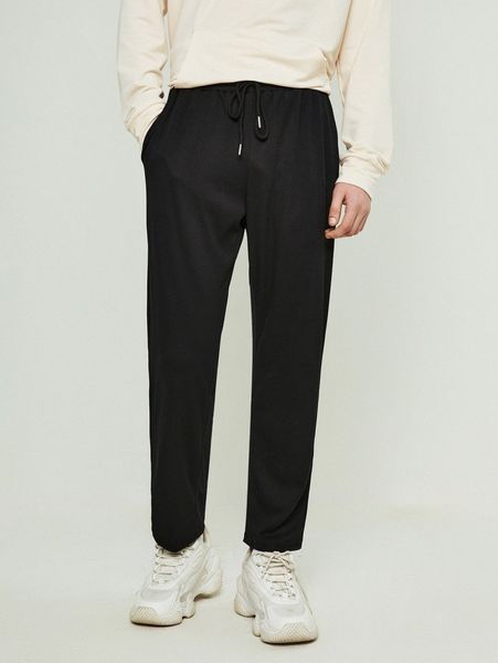 

1pc drawstring waist solid pants f3px#, Black