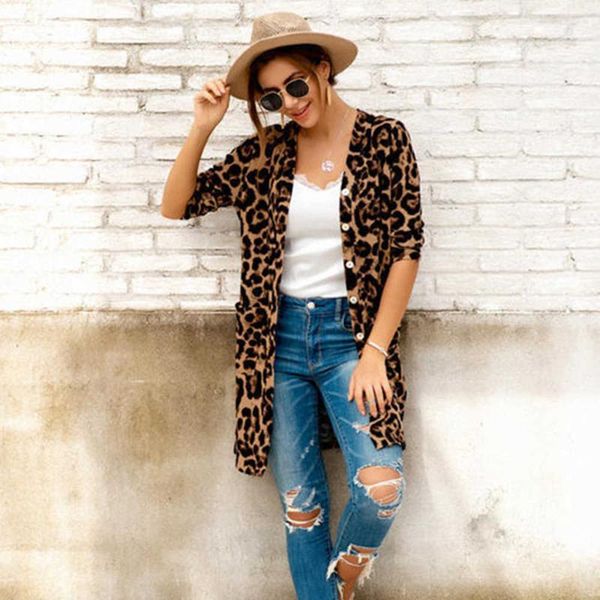 

women's jackets icclek leopard long coat woman jacket female open stitch outerwear summer spring sleeve lo, Black;brown