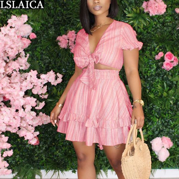 

two piece set and skirt crop women short sleeve ruffle v neck fashion striped sweet beach holiday 210520, White