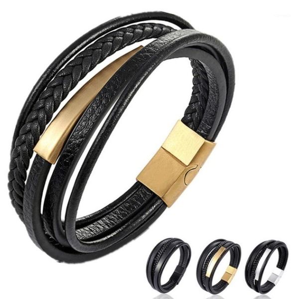 Braccialetti con ciondoli Bracciale da uomo casual da lavoro moda multistrato in pelle intrecciata magnetica comoda fibbia regalo