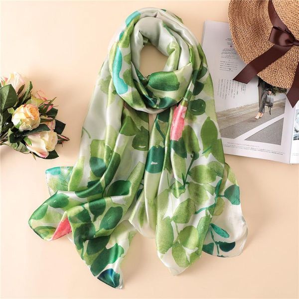 

scarves women imitation silk scarf flower leaves print shawls office lady wraps female headscarf beach bandana beautiful gift 90x180cm, Blue;gray