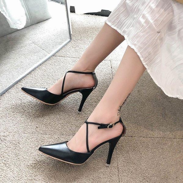 

dress shoes women pumps summer high heels brand woman party slingback pointed toe buckle strap female luxury ladies yu56, Black