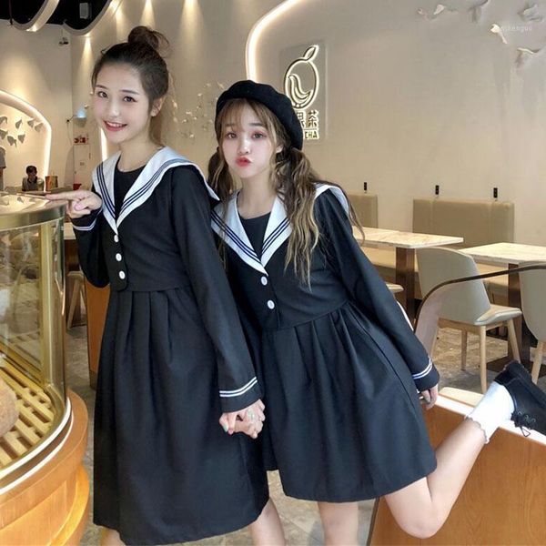 

casual dresses women's clothing japan preppy style sweet women dress sailor collar long sleeve ulzzang fashion spring hipster, Black;gray
