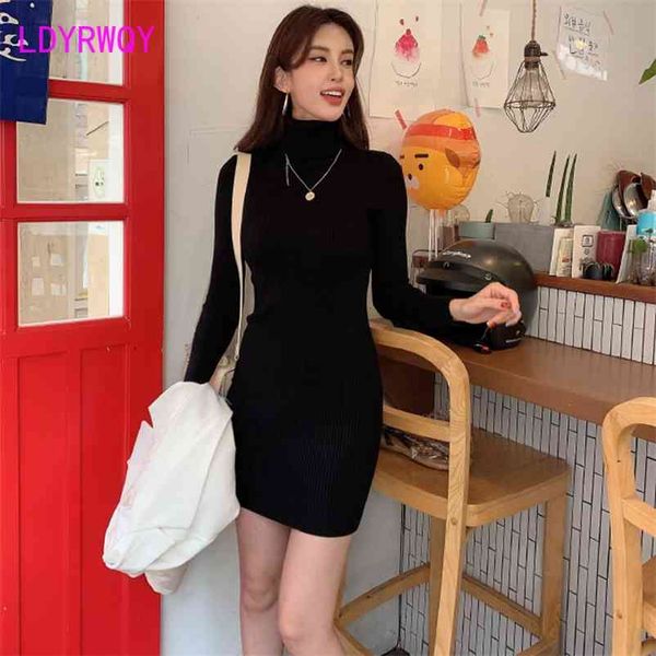 

autumn and winter high neck slim bag hip knitted dress office lady sheath knee-length regular 210603, Black;gray