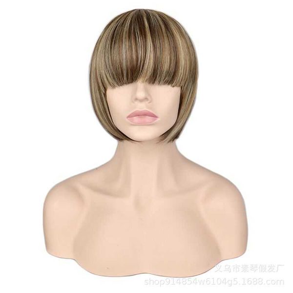 

wig short hair female gold color pick dyeing qi bangs bobhead chemical fiber wig set, Black