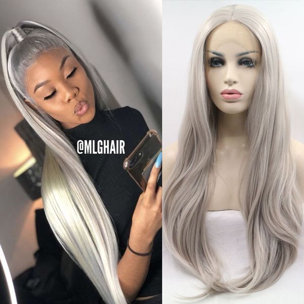 

13x4 lace frontal wig silver grey long silky straight womens wigs heat resistant fiber synthetic lace wig for cosplay daily, Black
