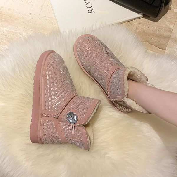 

boots women shoes snowy women's short diamond shiny sequins thick wool warm cotton botas mujer, Black