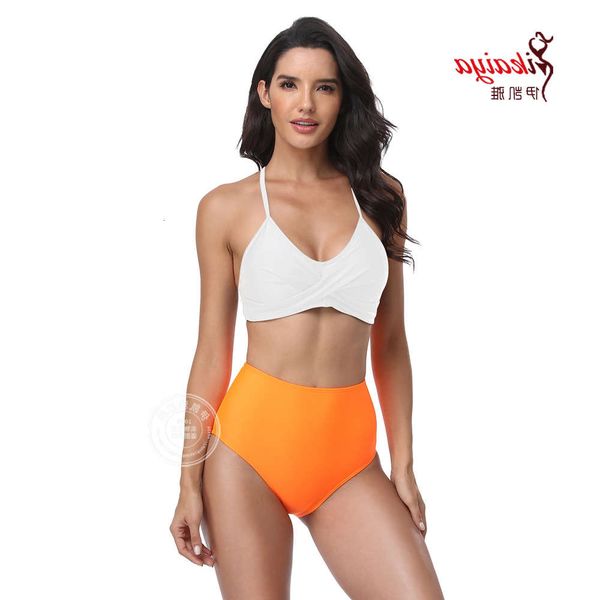 

ikaya's solid split bikini high waist swimsuit, White;black