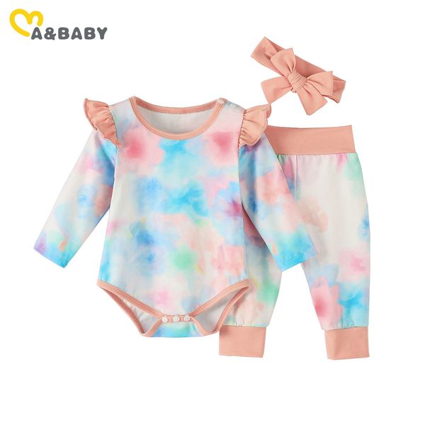 

0-18m cute born infant baby girl tie dye clothes set ruffles long sleeve romper pants headband outfit autumn costumes 210515, White
