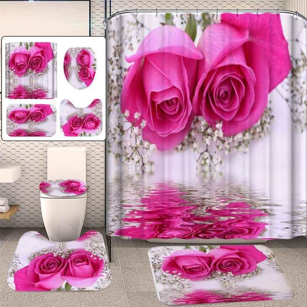 

xueqin pink rose printed pattern 180x180cm shower curtain pedestal rug lid toilet cover mat non-slip bath set bathroom curtains