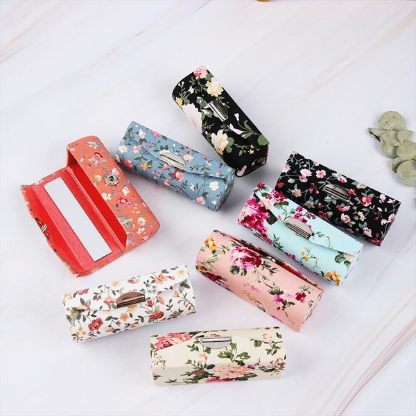 

retro embroidered lipstick cosmetic case bag flower designs with mirror makeup storage packaging lip gloss box women fashion