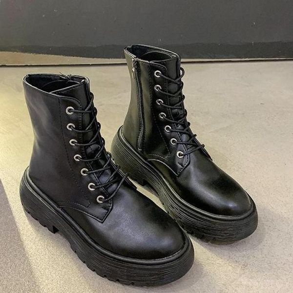 

boots chunky heels platform genuine leather women's ankle 2021 autumn winter party office lady shoes woman, Black