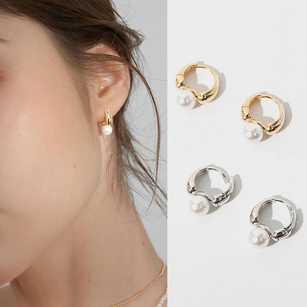 

hoop & huggie french retro tiny earrings for women single pearl small round minimal charms geometric hoops jewelry gift, Golden;silver