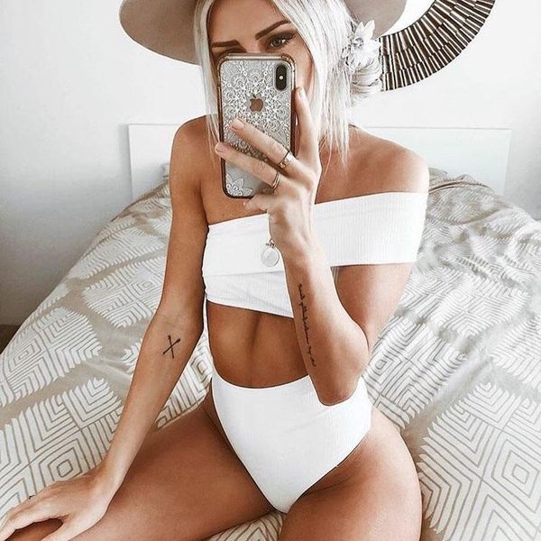 

women's swimwear bikini set high waist women off shoulder irregularity swim bathing suit white blue swimsuit vintage bikinis 3596, White;black
