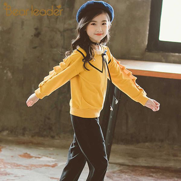 Bärenführer Teenager Mädchen Sets Herbst Marke Mode Kinder Kleidung Bow-Knoten Kragen Hemd Top Casual Hose 4-13Y Kind 210708